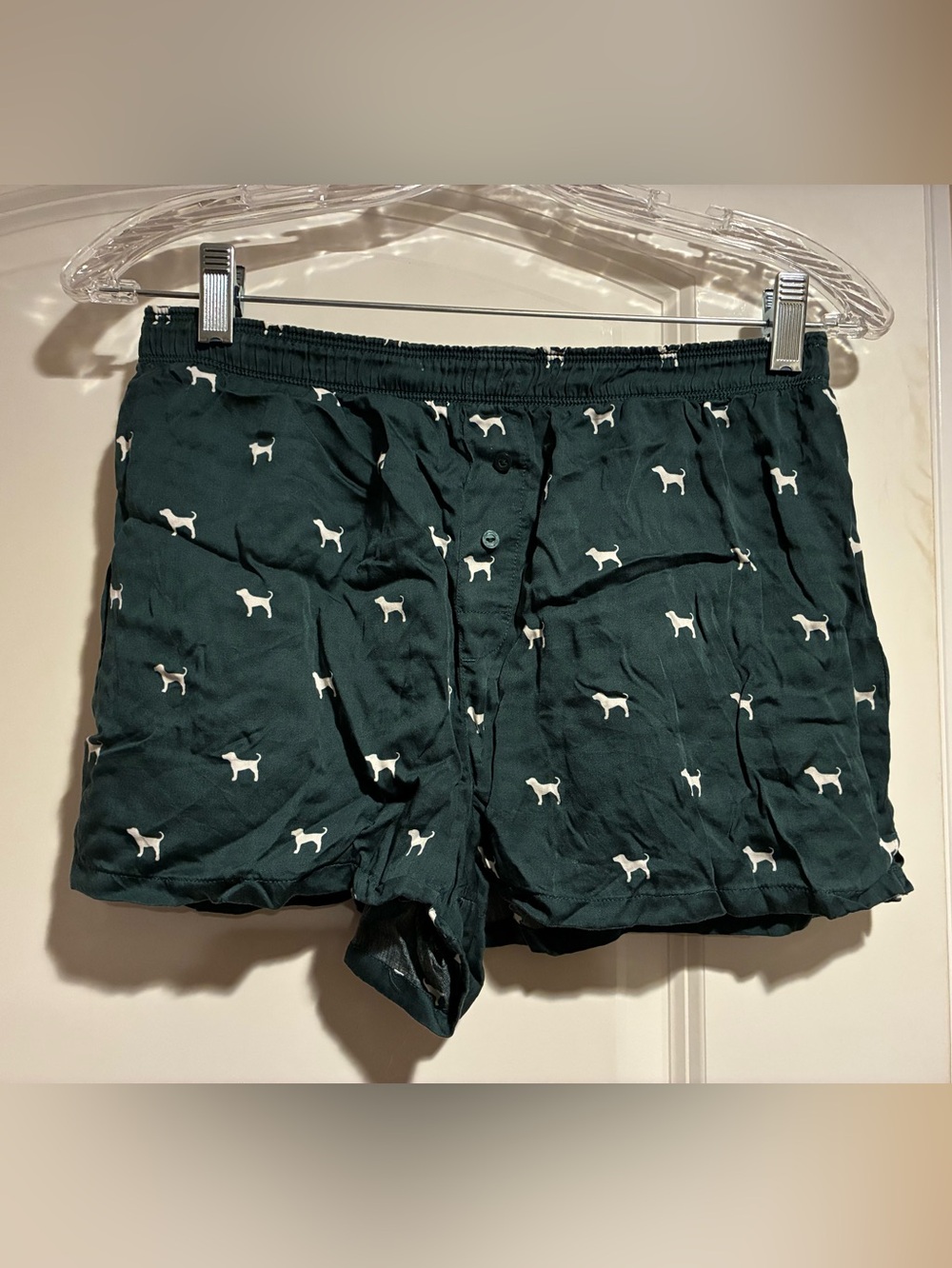 PINK Victoria's Secret Dark Green Boxer Shorts with Cream Dog Print